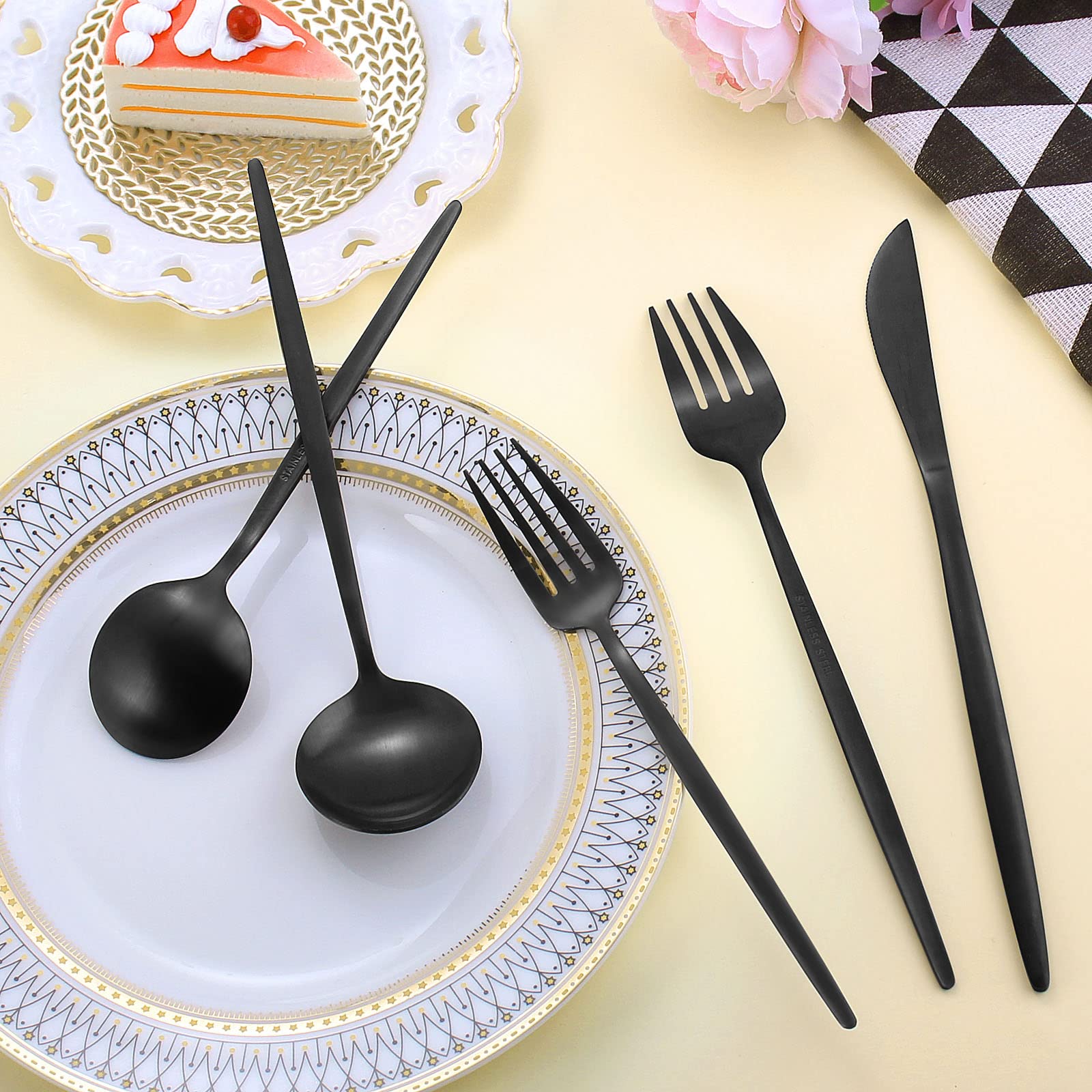 Matte Black Silverware Set  LAZAHOME Stainless Steel Flatware Cutlery Set Service for 4  20-Piece Kitchen Utensil Set Include Spoons And Forks Set  Satin Polished Finished  Dishwasher Safe.